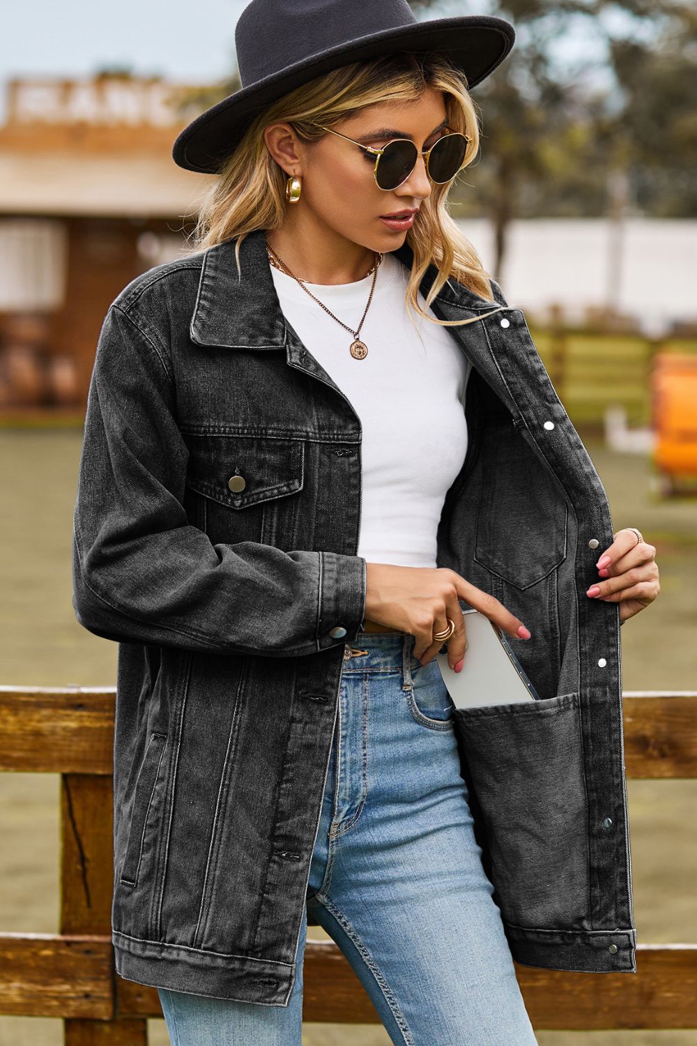 Women Buttoned Collared Neck Denim Jacket with Pockets NicholesGifts