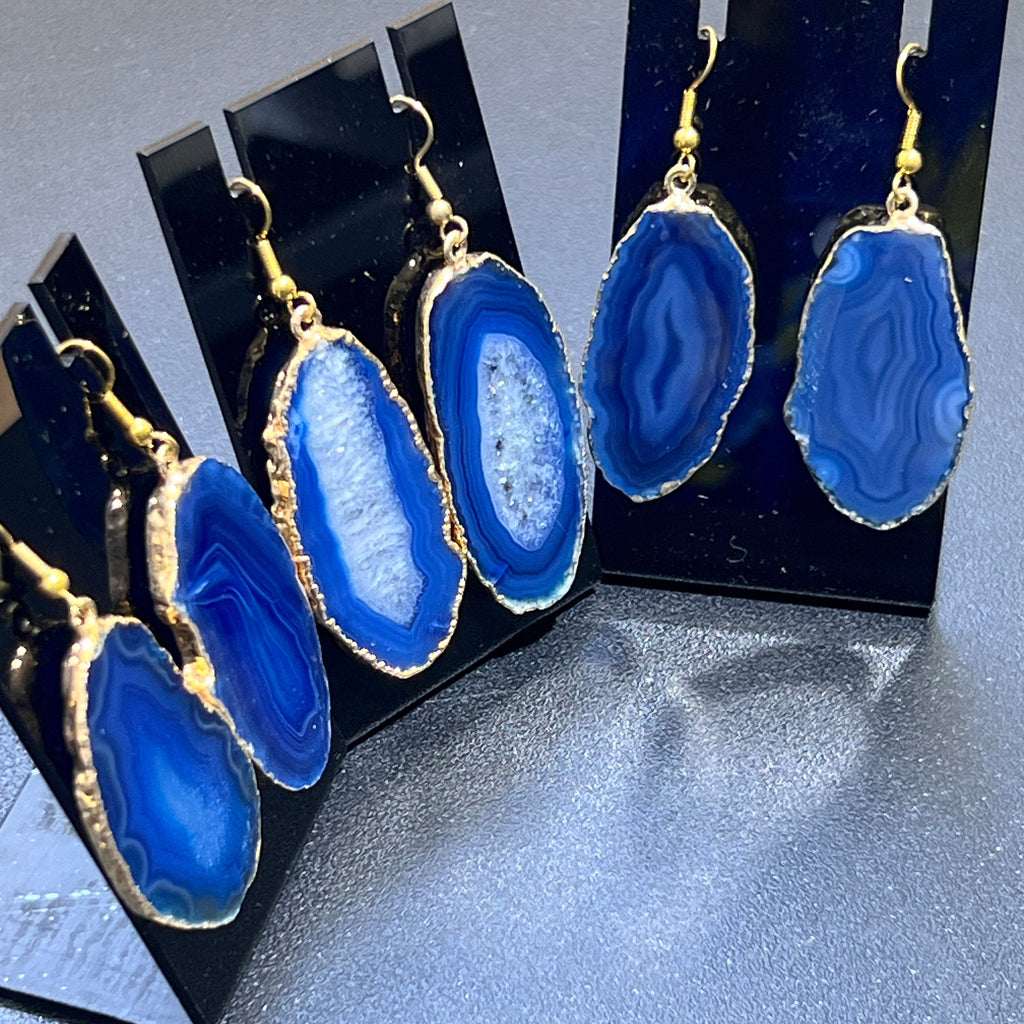 Blue Agate Slice Earrings Pair (Gold Plated Edges)(Stainless Hooks) Geode Slice Jewelry Amazing Crystals