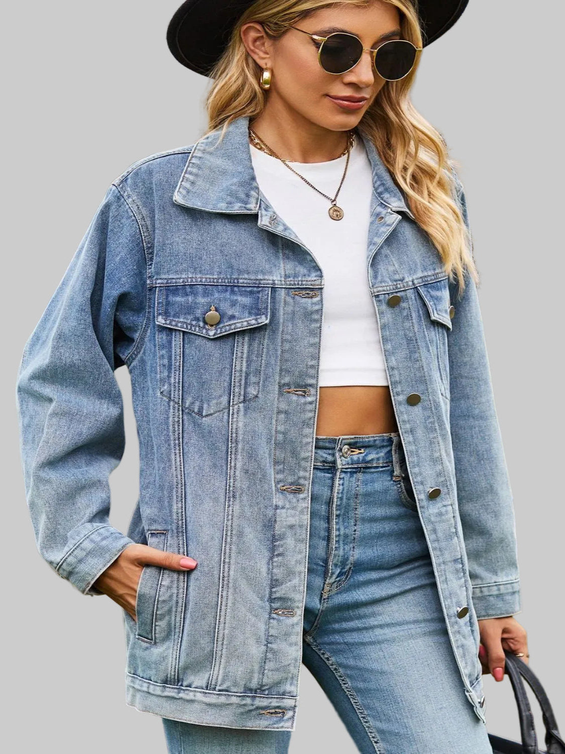 Women Buttoned Collared Neck Denim Jacket with Pockets NicholesGifts