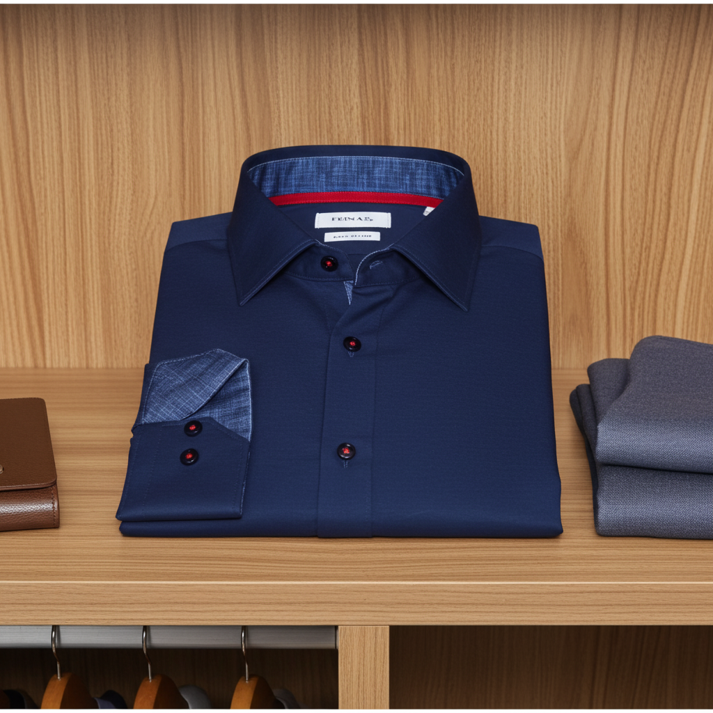Kevin// Cotton Knit-Stretch Button-Up Shirt With Contrast Details // Navy // Tailored Fit (Fitted) LEVINAS® Official