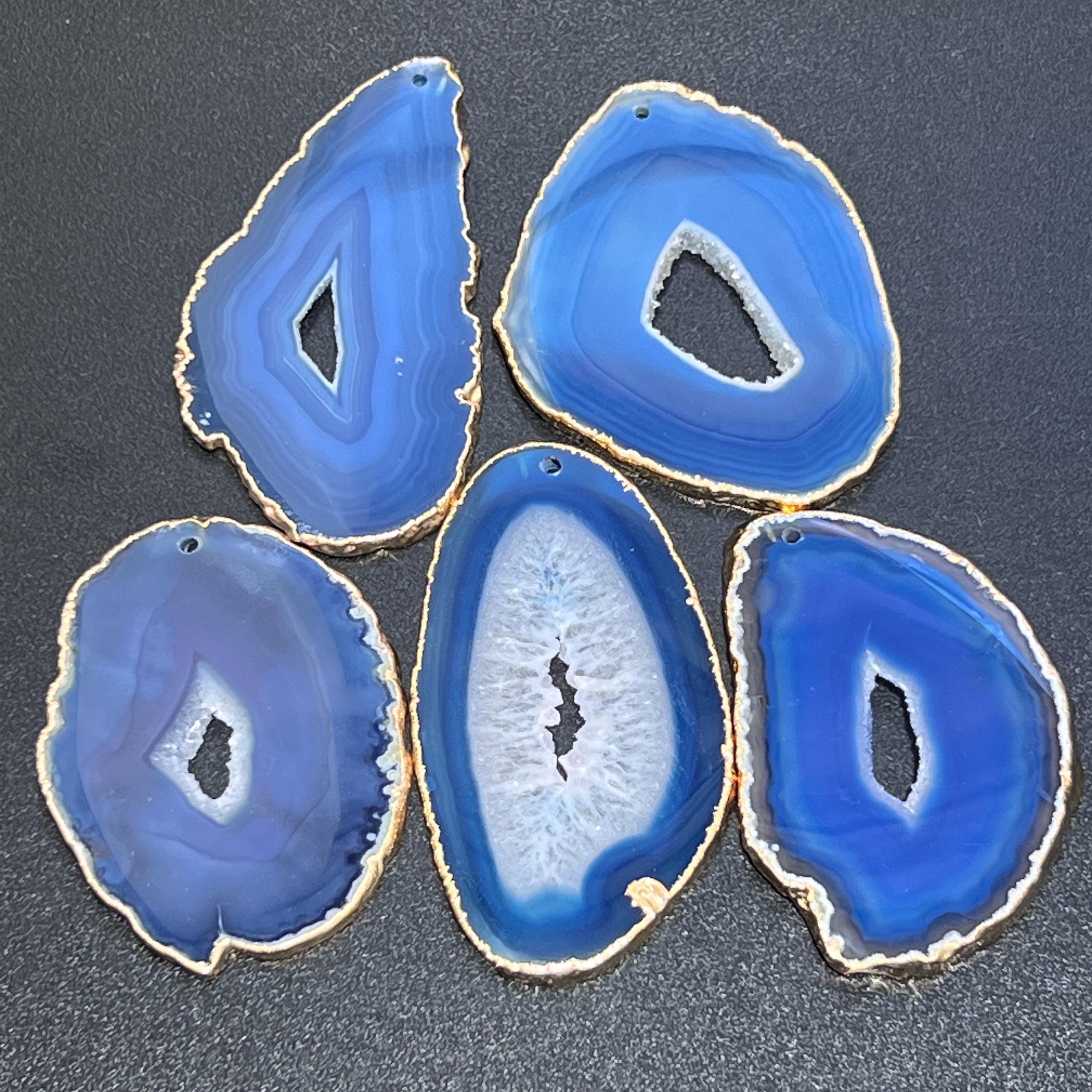 Drilled Hole Blue Agate Slices (2mm Hole)(Gold Plated Edges) Gemstone Decor Craft Supplies Amazing Crystals