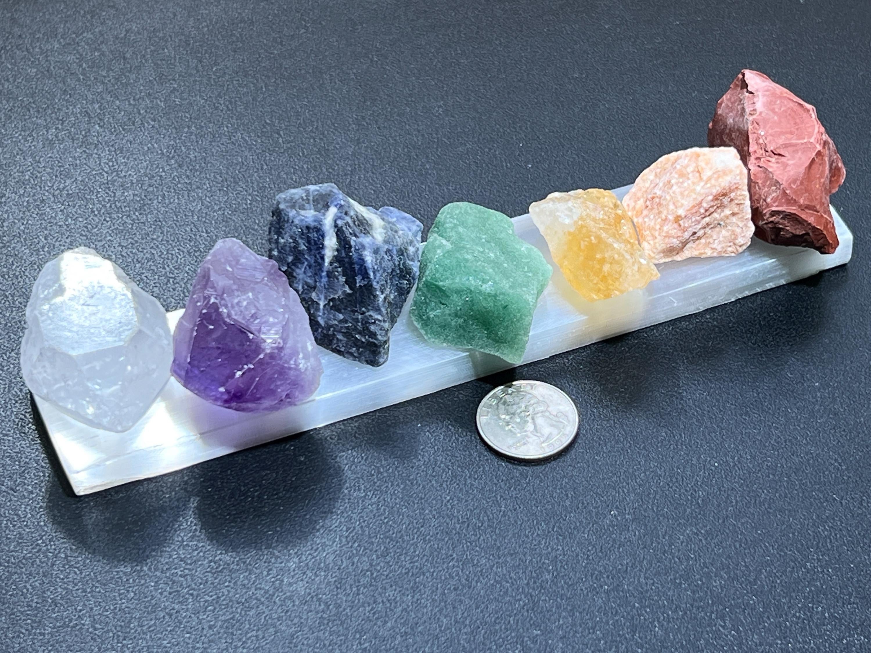 Chakra Crystal Set 7 Stone Rough Raw With Selenite Bar  Reiki Amazing Crystals