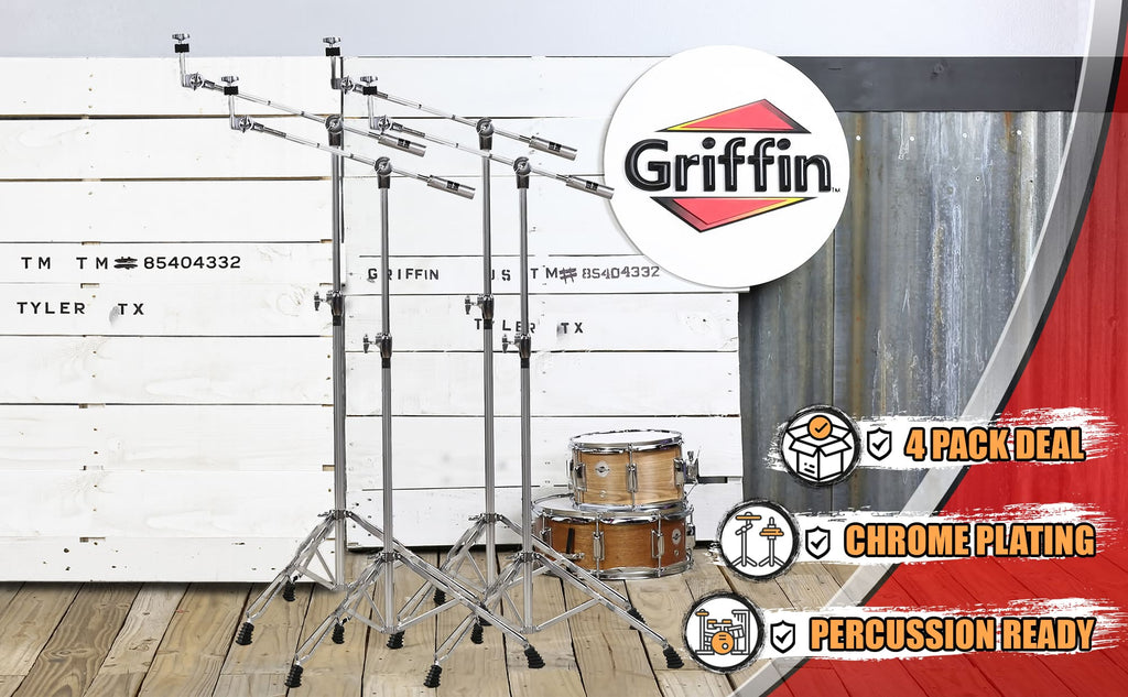 4 PACK Cymbal Boom Stands by GRIFFIN | Drum Kit Percussion Gear Chrome Hardware Set with Double Braced Tripod Legs | Drummers Counterweight Adapter for Mounting Heavy Duty Crash, Ride, Splash Cymbals GeekStands.com