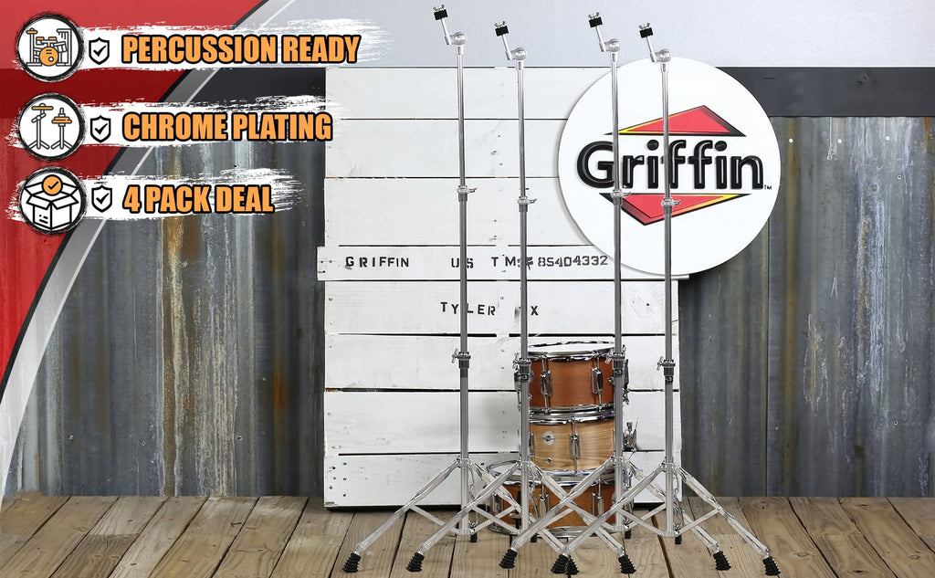 4 PACK - Straight Cymbal Stand Set by GRIFFIN | Double Braced Legs, Slip-Proof Gear Holder & Light-Duty for Mobile Drummers | Percussion Chrome Drum Hardware Kit for Mounting Crash & Splash Cymbals GeekStands.com