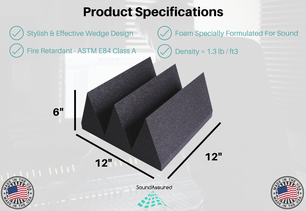 Six Inch Acoustic Foam Wedge Panels - 12x12x6" SoundAssured