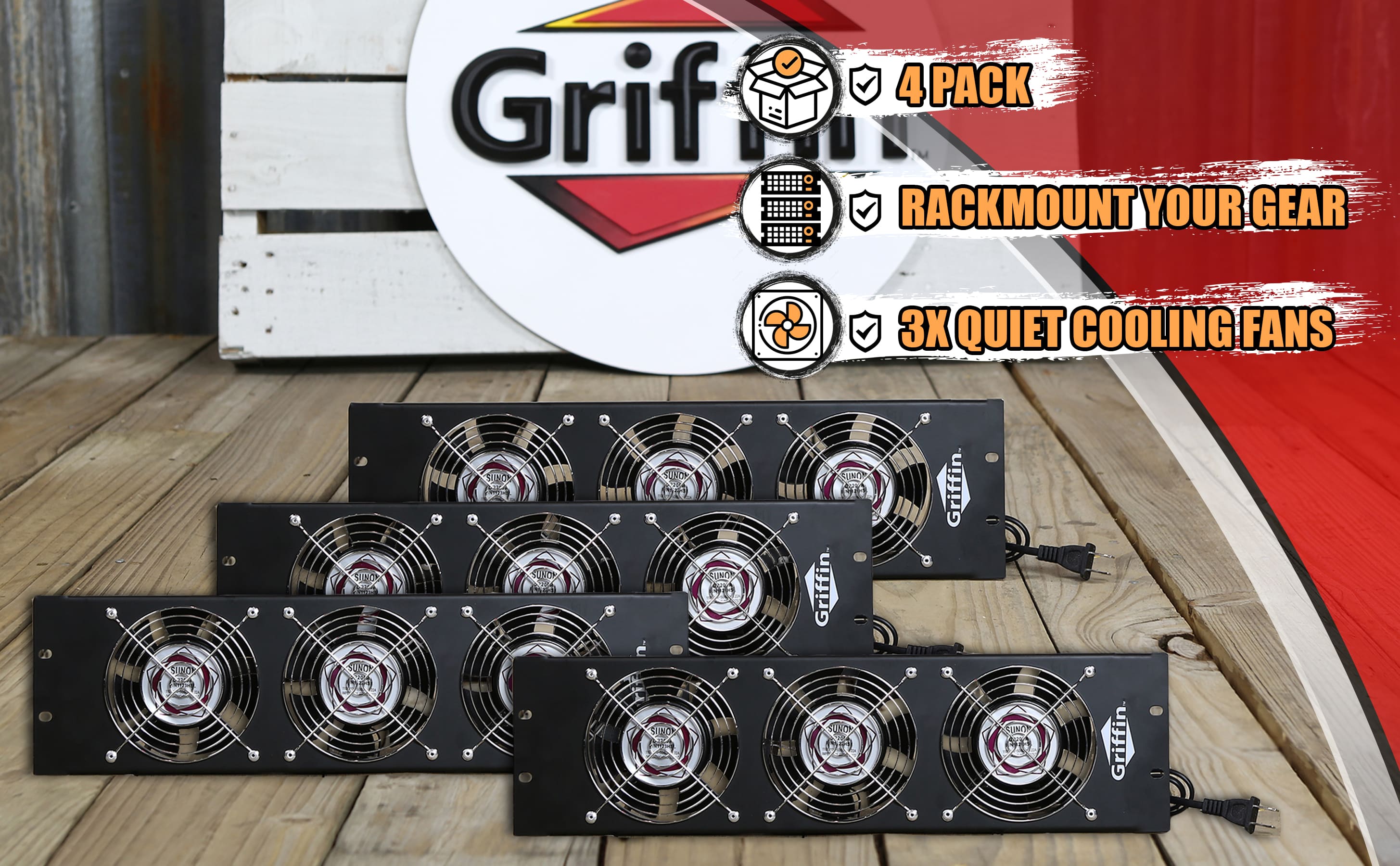 4 PACK - GRIFFIN Rackmount  Exhaust Fan | 3U Ultra-Quiet Triple Cooling Fans, Keep Studio Audio Equipment Gear Cool | Rack Mount on Network IT System Server Rails | Temperature Control Panel Cabinet GeekStands.com