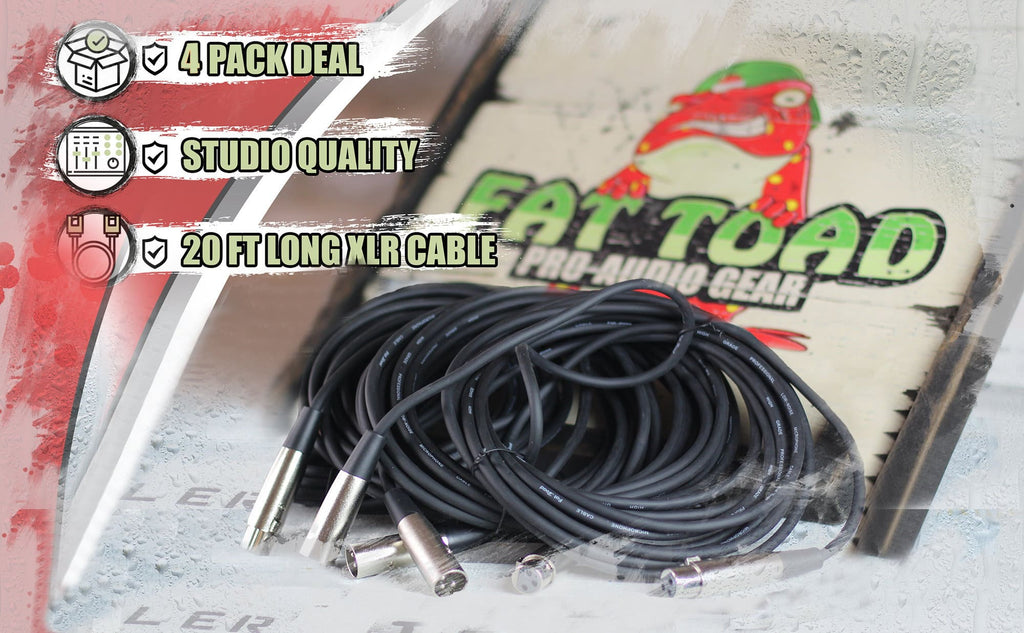 Microphone Cables by FAT TOAD - (4 Pack) 20ft Pro Audio XLR Mic Cord Patch Extension with Female & Male Connector - 24 AWG Shielded Wire & Balanced GeekStands.com