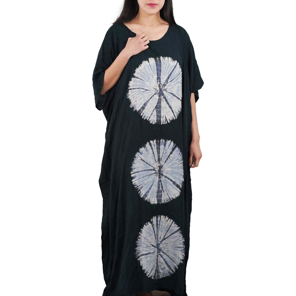 Kaftan Tie Dye Long Dress Shibori Black White Floral Pattern Kasih Co-op
