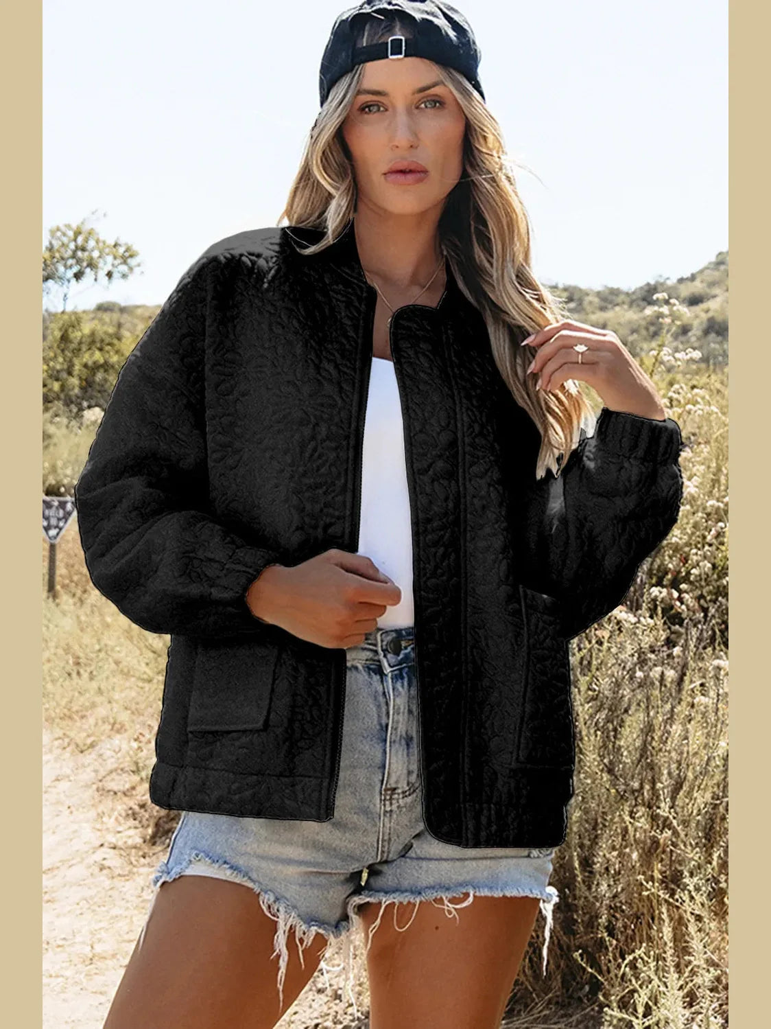 Baseball Collar Floral Quilted Jacket NicholesGifts