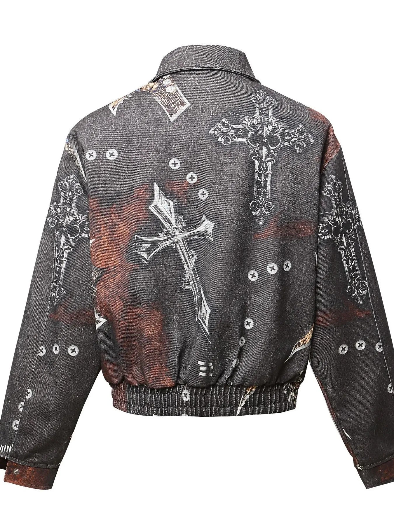 Men's Gothic Cross Print Distressed Denim Jacket NicholesGifts