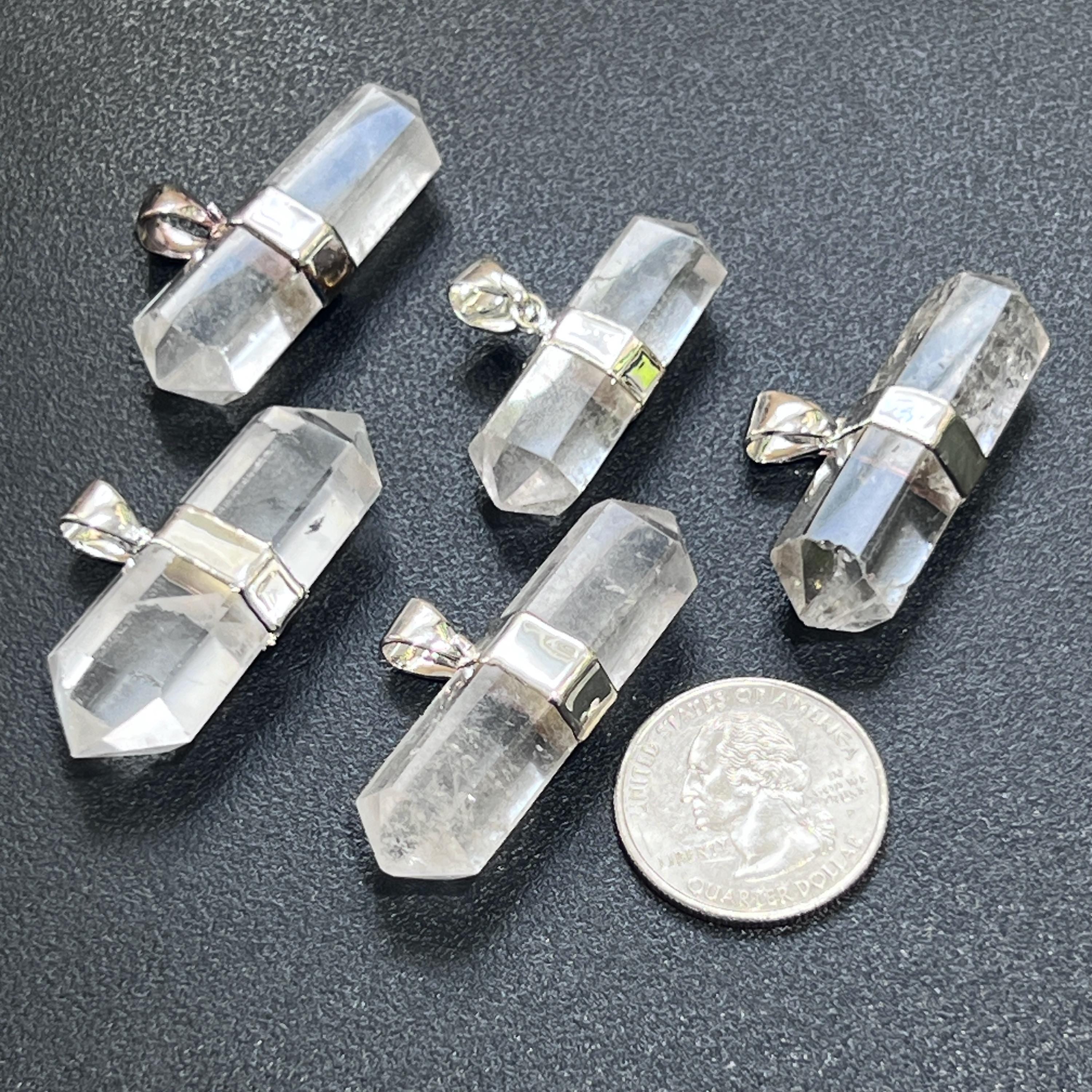 Quartz Crystal Double Terminated Faceted Point Pendant (Silver Plated) Gemstone Jewelry Necklace Supply Amazing Crystals