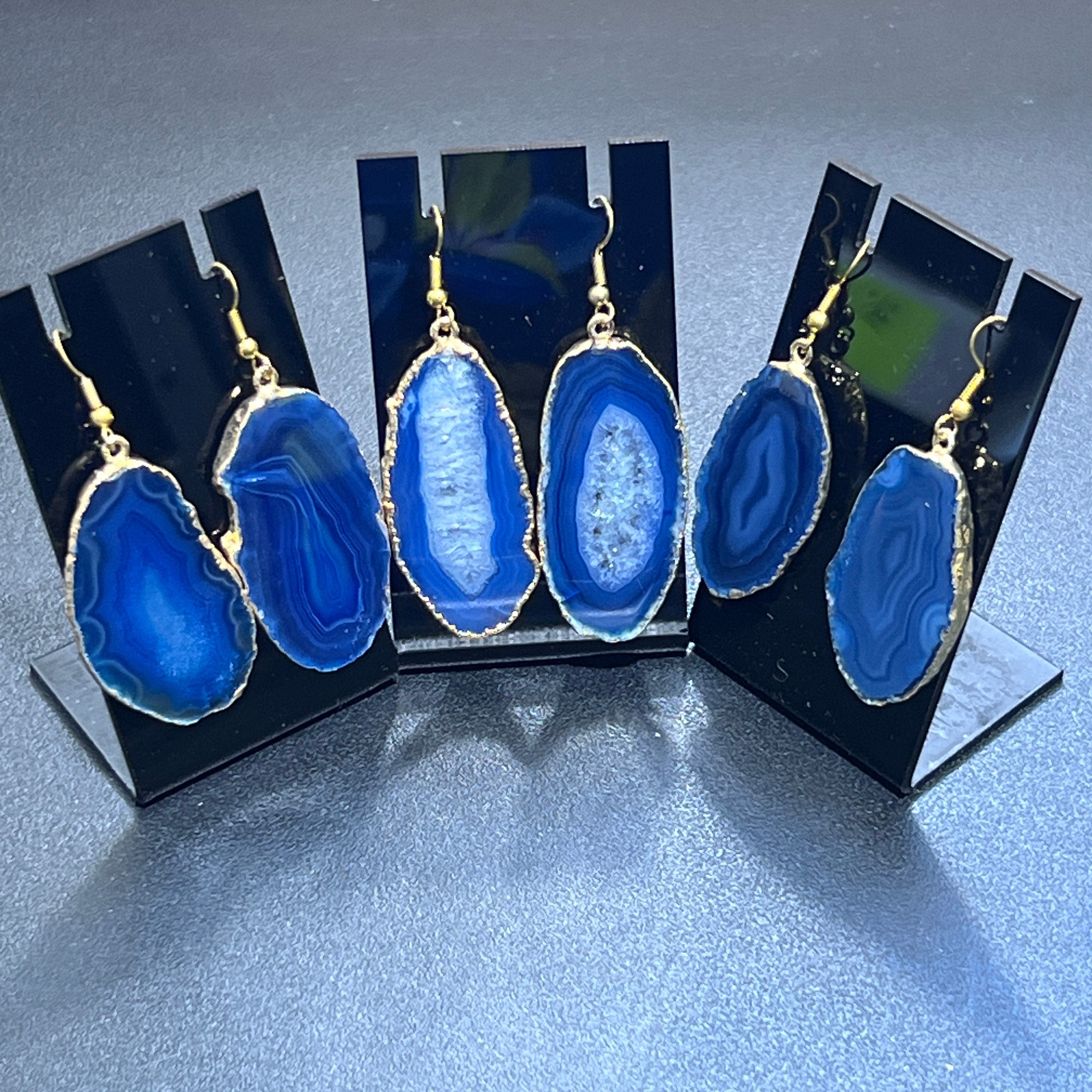 Blue Agate Slice Earrings Pair (Gold Plated Edges)(Stainless Hooks) Geode Slice Jewelry Amazing Crystals