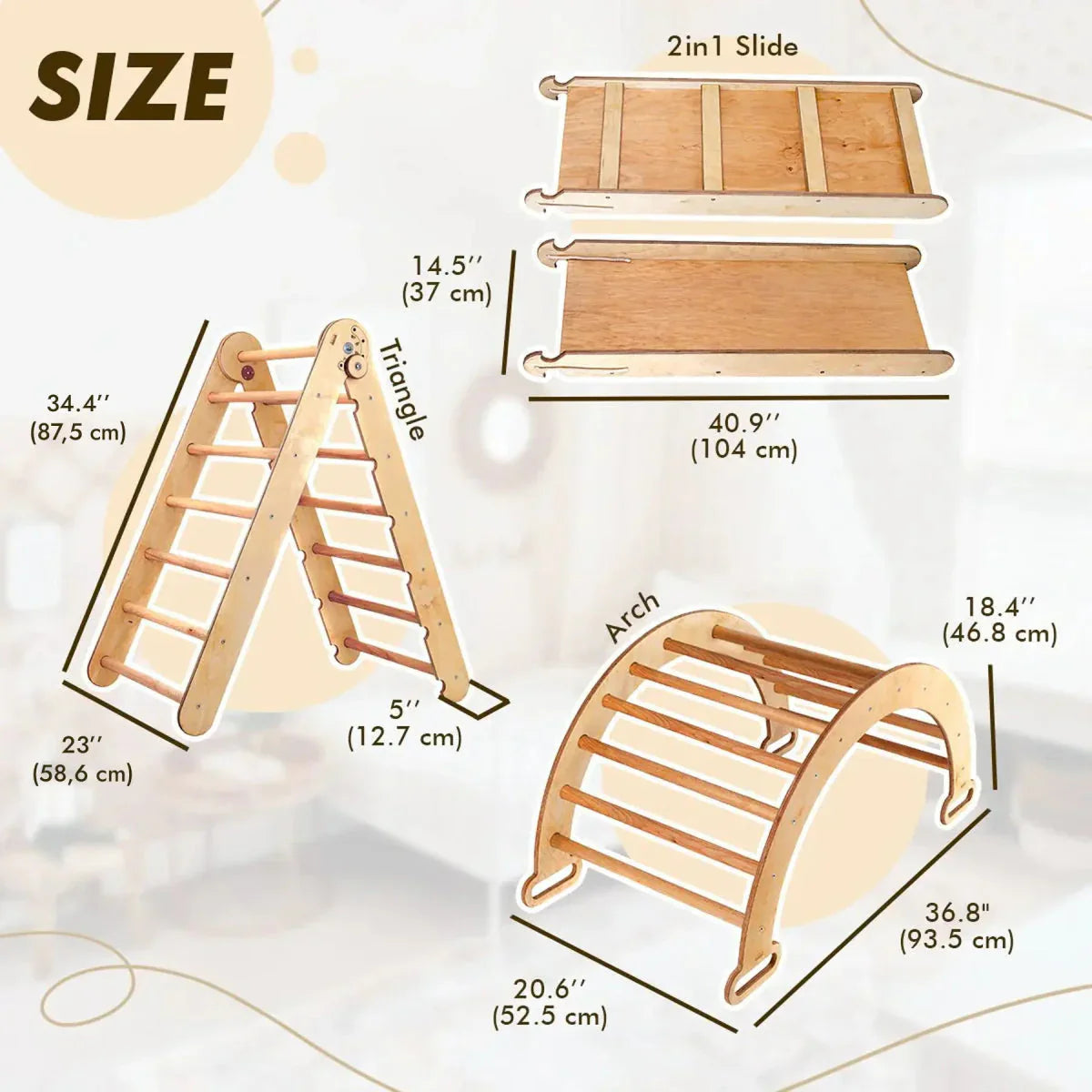 4in1 Montessori Climbing Set: Triangle Ladder + Climbing Arch + Slide Board & Cushion – Beige Goodevas B2B