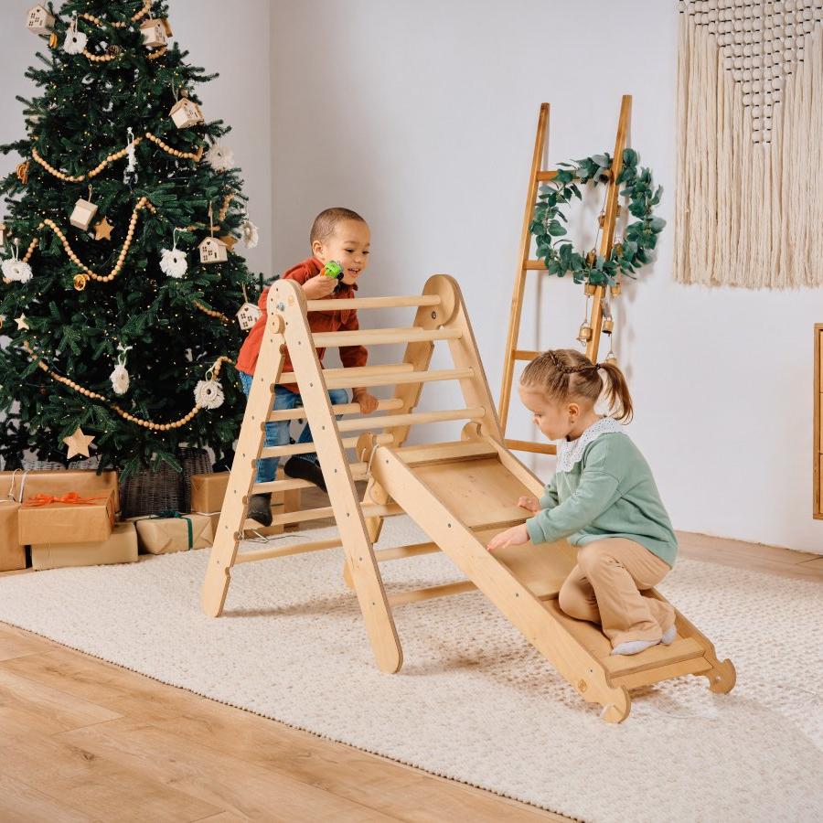 4in1 Montessori Climbing Set: Triangle Ladder + Climbing Arch + Slide Board & Cushion – Beige Goodevas B2B