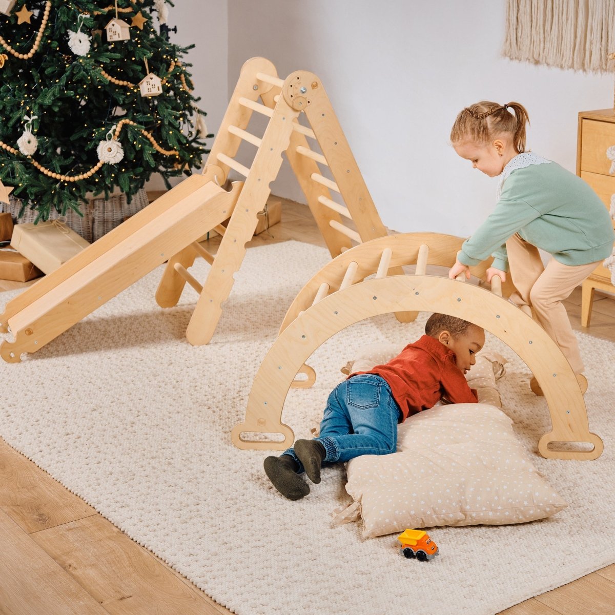 4in1 Montessori Climbing Set: Triangle Ladder + Climbing Arch + Slide Board & Cushion – Beige Goodevas B2B