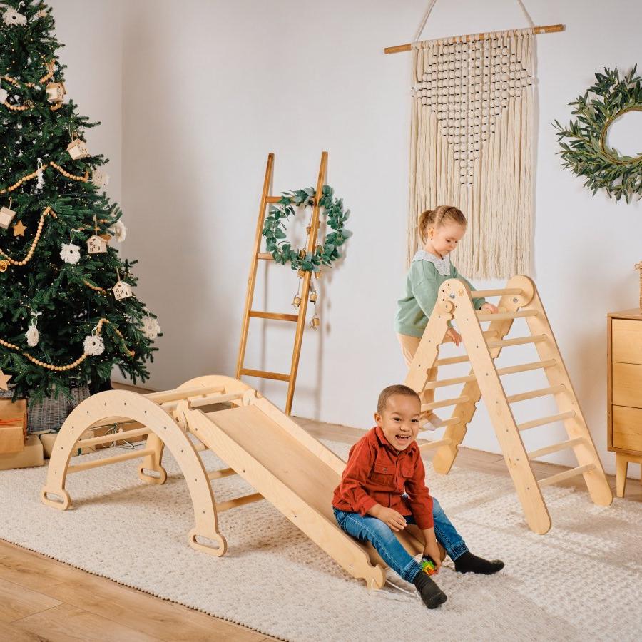 4in1 Montessori Climbing Set: Triangle Ladder + Climbing Arch + Slide Board & Cushion – Beige Goodevas B2B