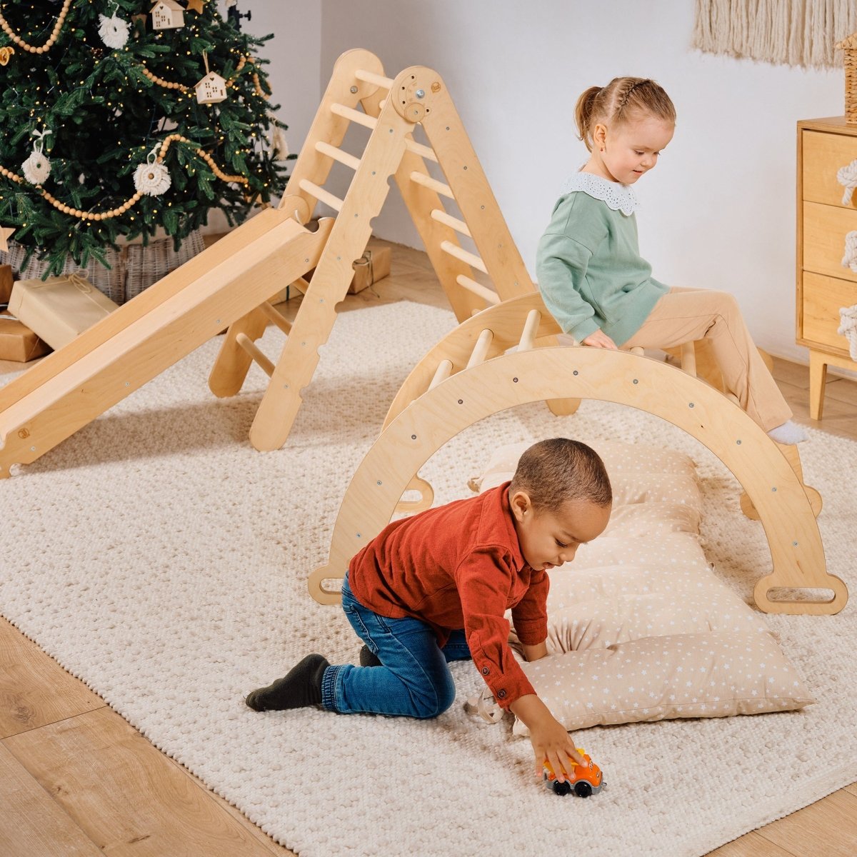 4in1 Montessori Climbing Set: Triangle Ladder + Climbing Arch + Slide Board & Cushion – Beige Goodevas B2B