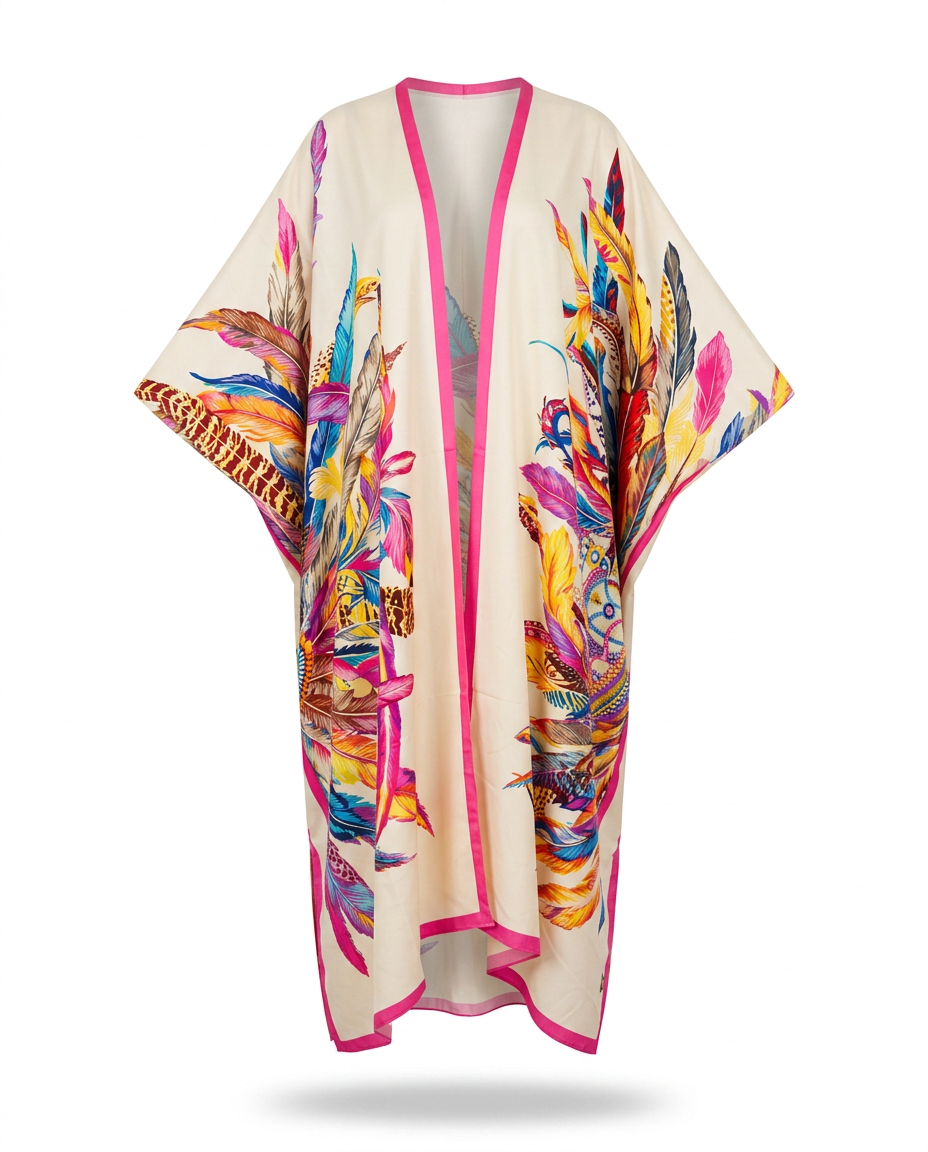 Vibrant Feather Print Kimono Boho Brown