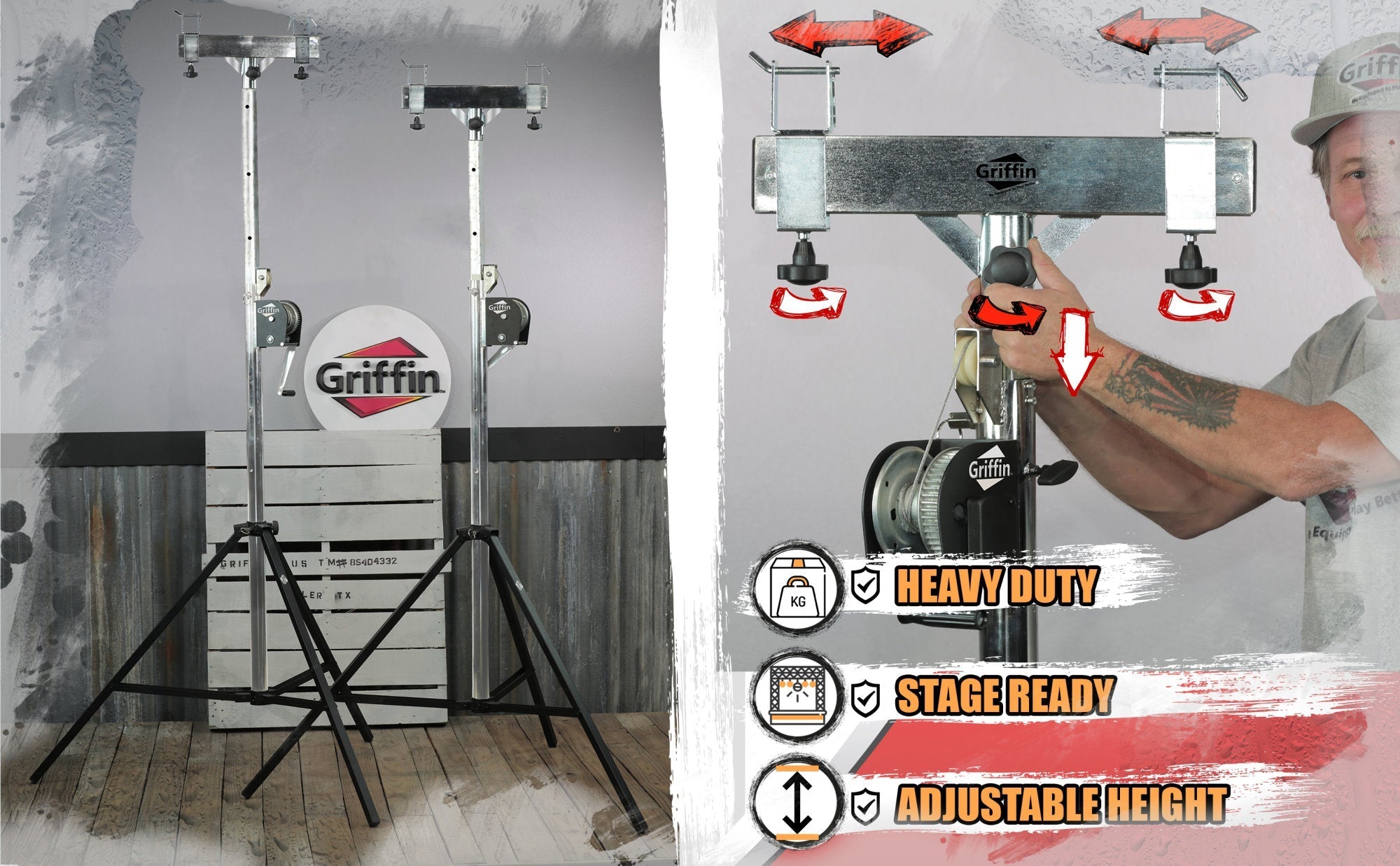 GRIFFIN Crank Lighting Truss Stands - T Adapter Bar & DJ Booth Trussing System for Light Cans & Speakers - Pro-Audio Stage Platform Hardware Package GeekStands.com