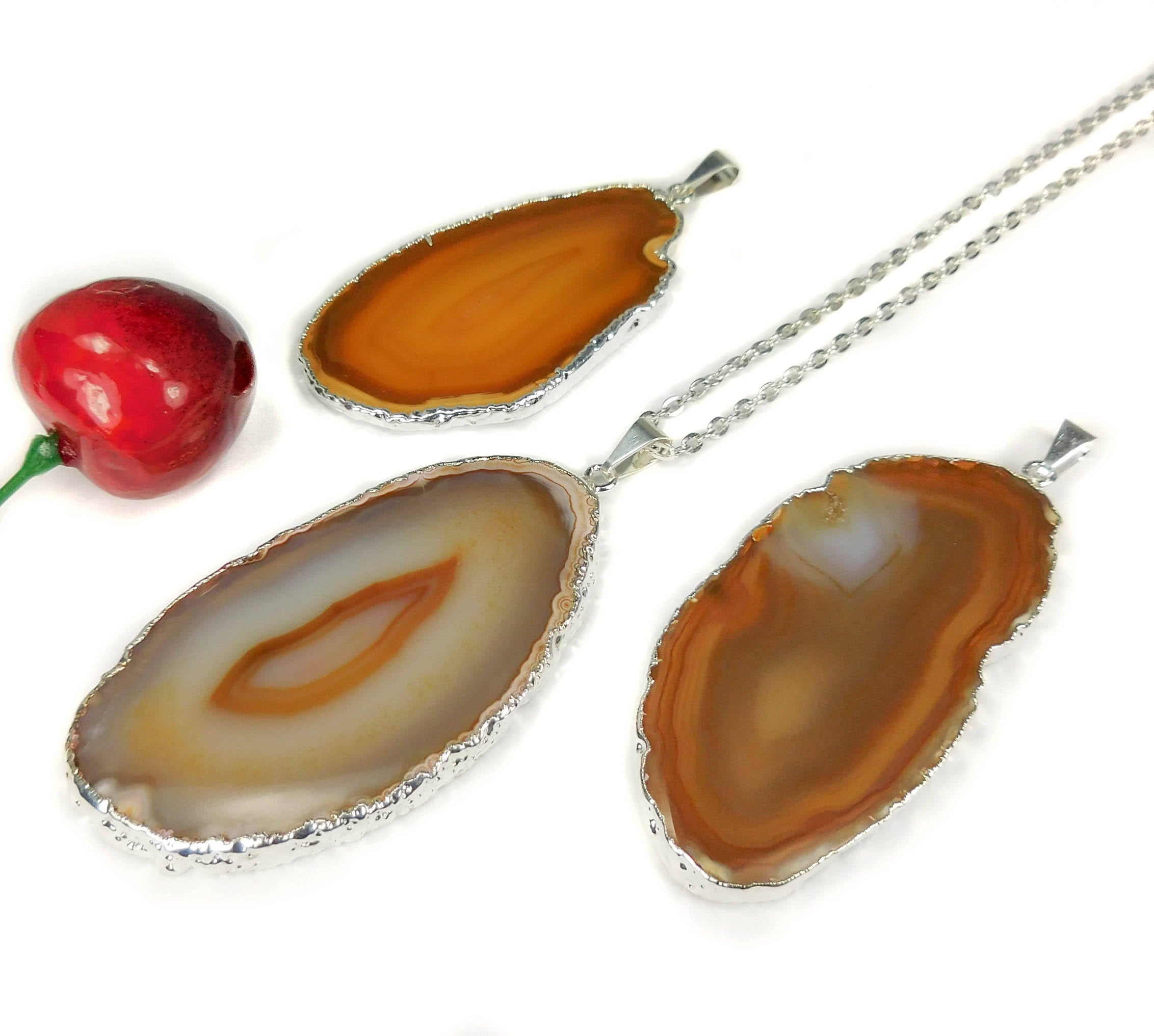 Brown Agate Slice Pendant (Silver Plated Edges) Polished Geode Jewelry Amazing Crystals