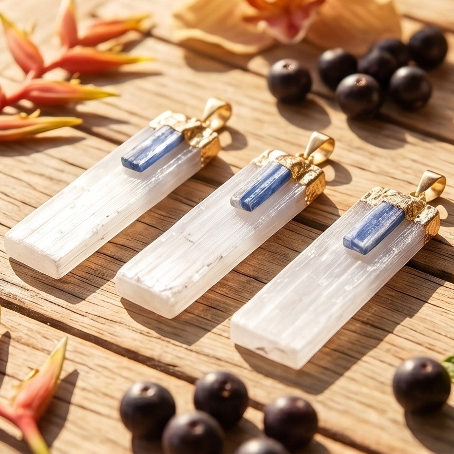 Selenite Kyanite Crystal Pendant (Gold Plated) Amazing Crystals