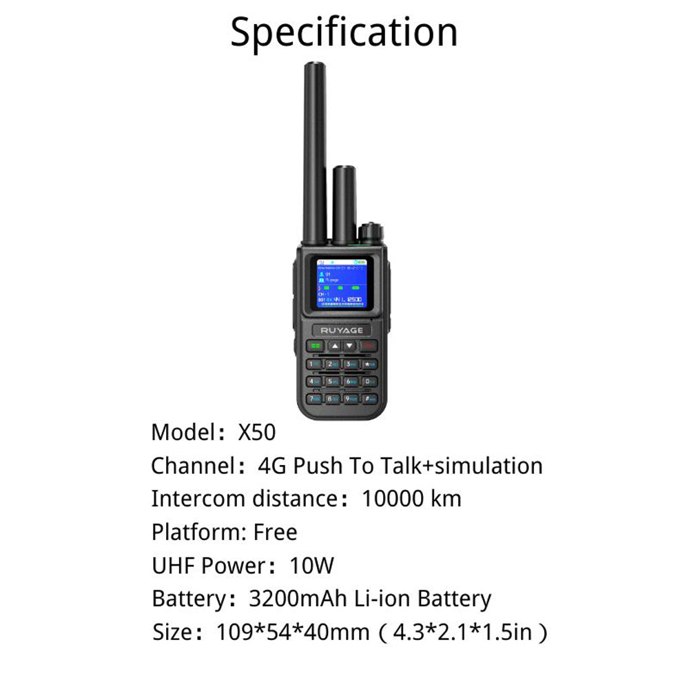 Ruyage X50 Nationwide Lifetime Free 4g+Uhf Walkie Talkies | Global Unlimited Range Dual Mode 2 Way Radios,Relay Function,3200mAh,Desktop Charger for Job Site with SIM Cards 2 Pack Ruyage Radio