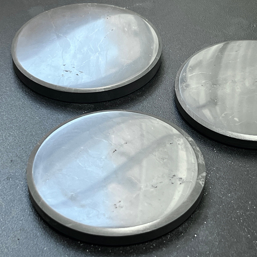 Black Shungite Polished Coaster Carving (3.5 Inch) Amazing Crystals