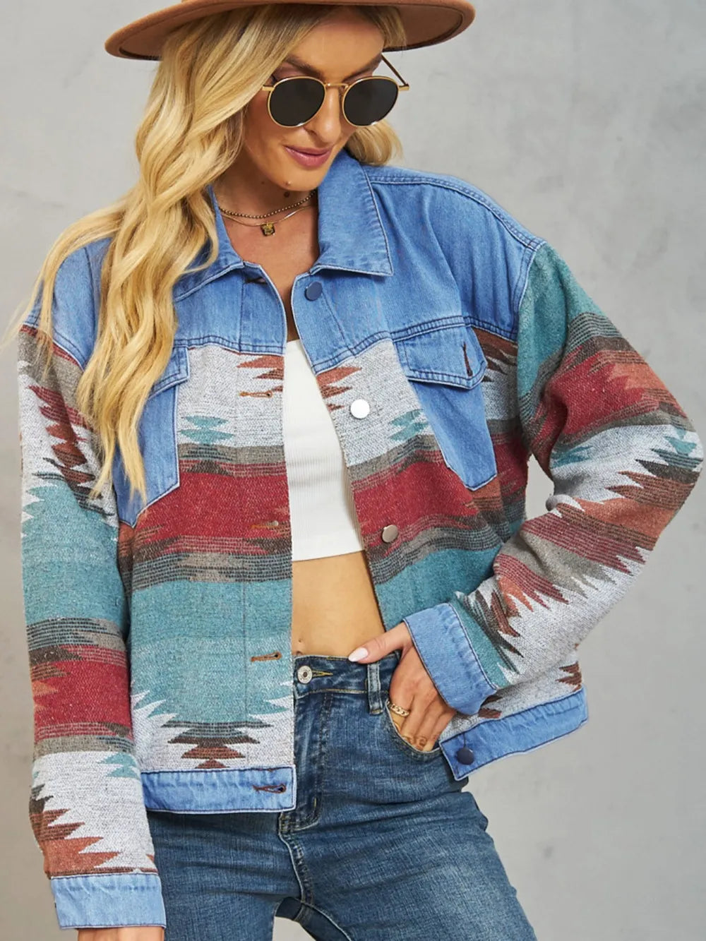 Geometric Button Up Dropped Shoulder Denim Jacket NicholesGifts