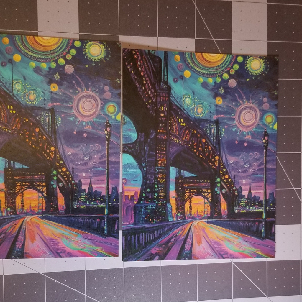 "Bright Lights" – Dreamy City Bridge Postcard - Surreal Nightscape Art Print Black Magic Social Club