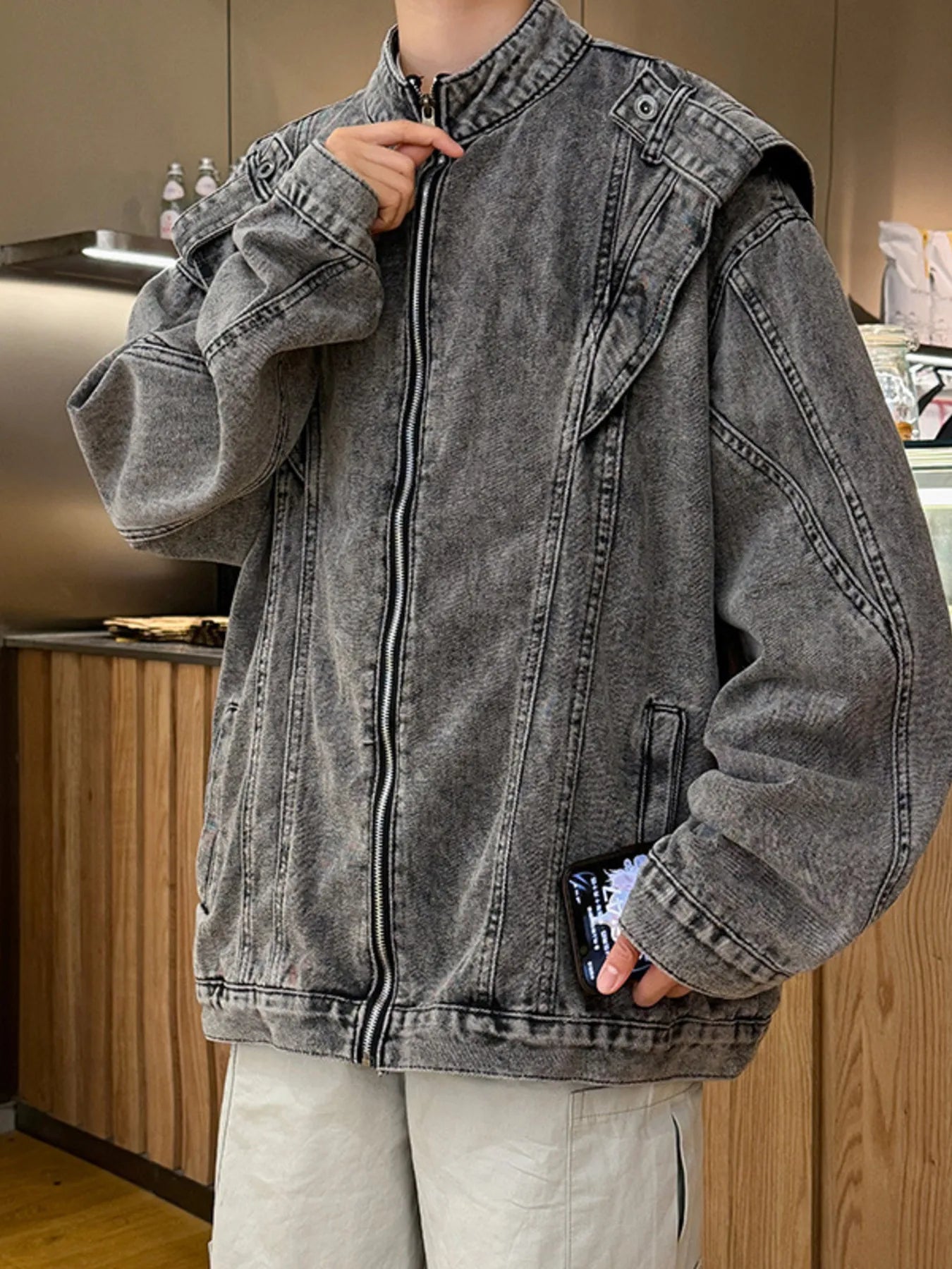 Men's Plus Size Zip Up Long Sleeve Denim Jacket NicholesGifts