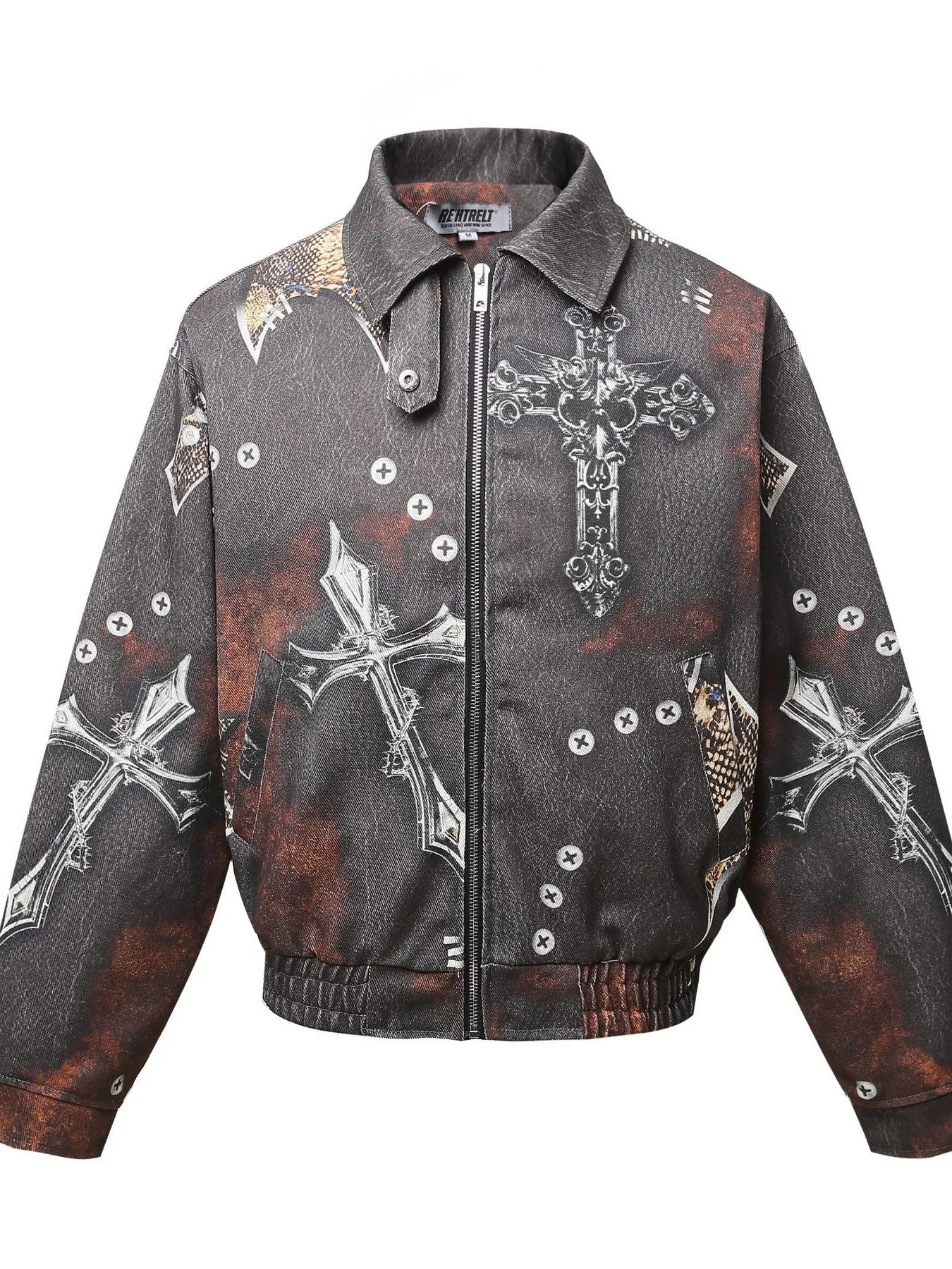 Men's Gothic Cross Print Distressed Denim Jacket NicholesGifts