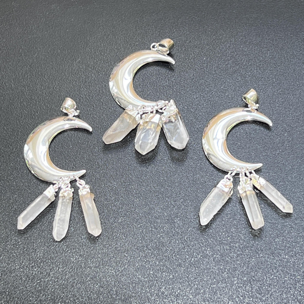 Quartz Crystal Crescent Moon Pendant (Silver Plated)(3 Crystals) Gemstone Jewelry Necklace Supply Amazing Crystals
