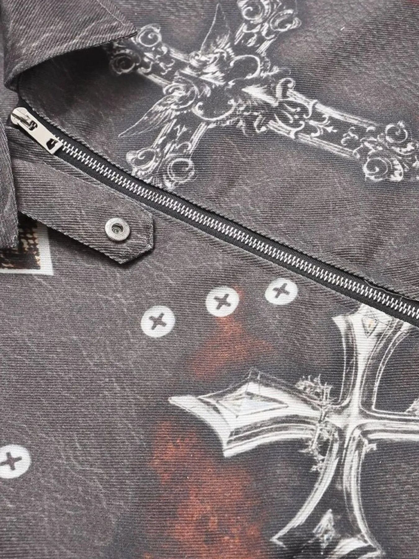 Men's Gothic Cross Print Distressed Denim Jacket NicholesGifts