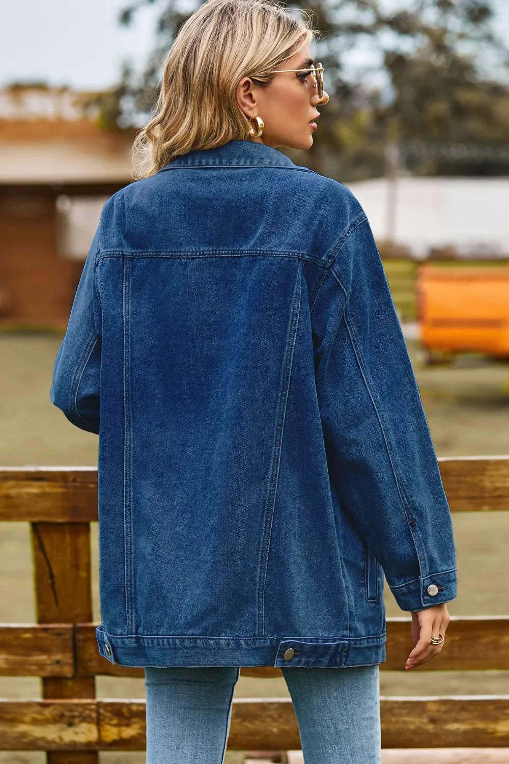 Women Buttoned Collared Neck Denim Jacket with Pockets NicholesGifts