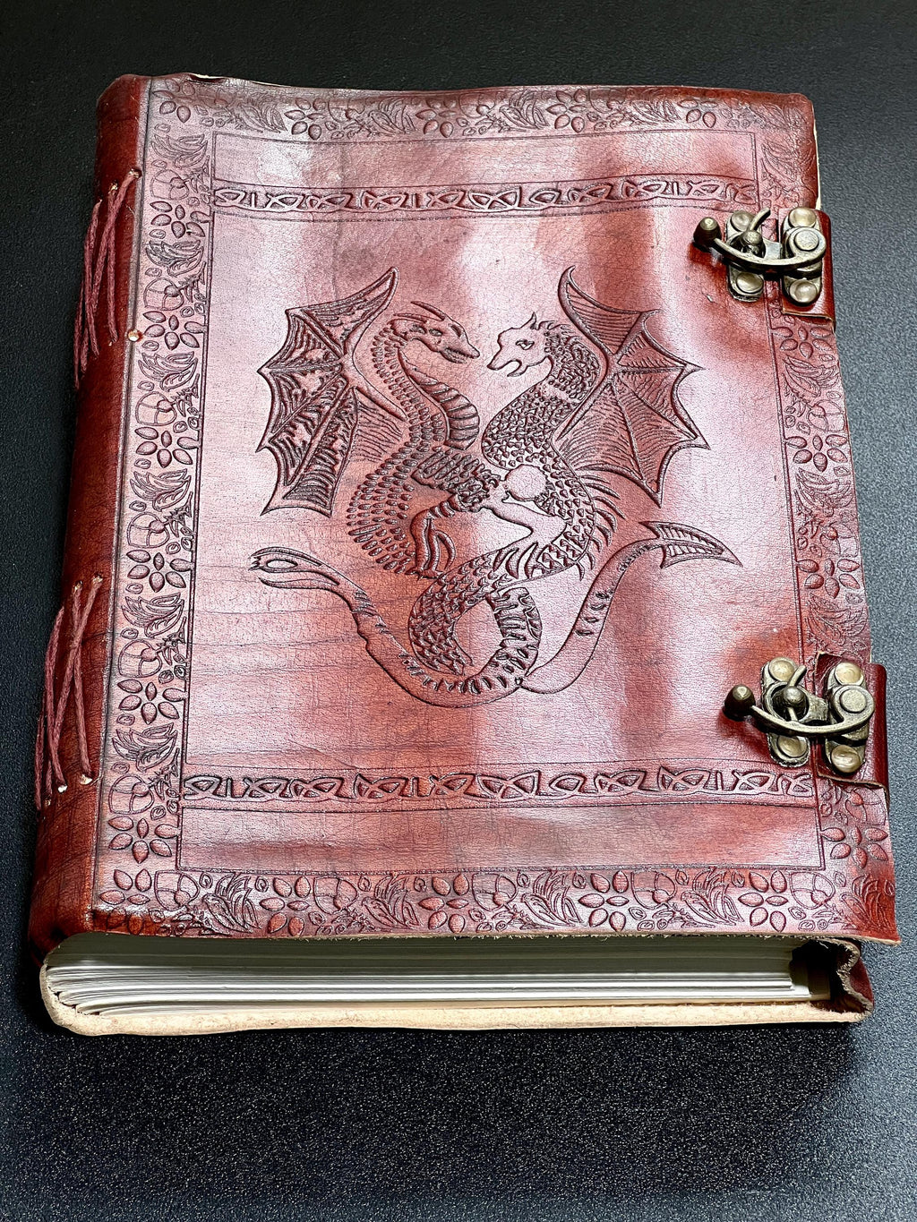 Papyrus Red Dragon Embossed Leather Bound 300 Page Sketchbook Notebook Carving Amazing Crystals
