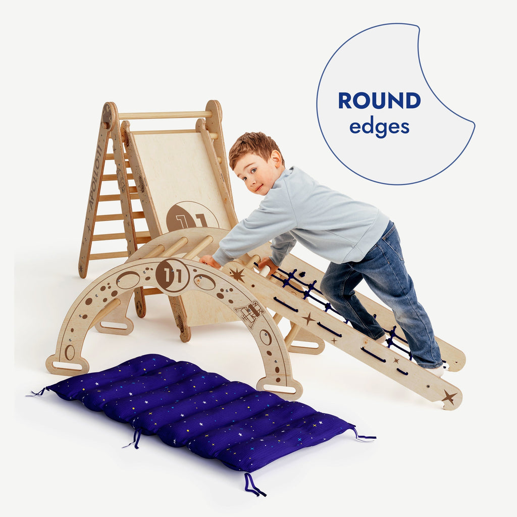 Apollo 5in1 Climbing Set:  Pikler Triangle, Net, Arch, Slide Board, and Cushion for Little Astronauts Goodevas B2B