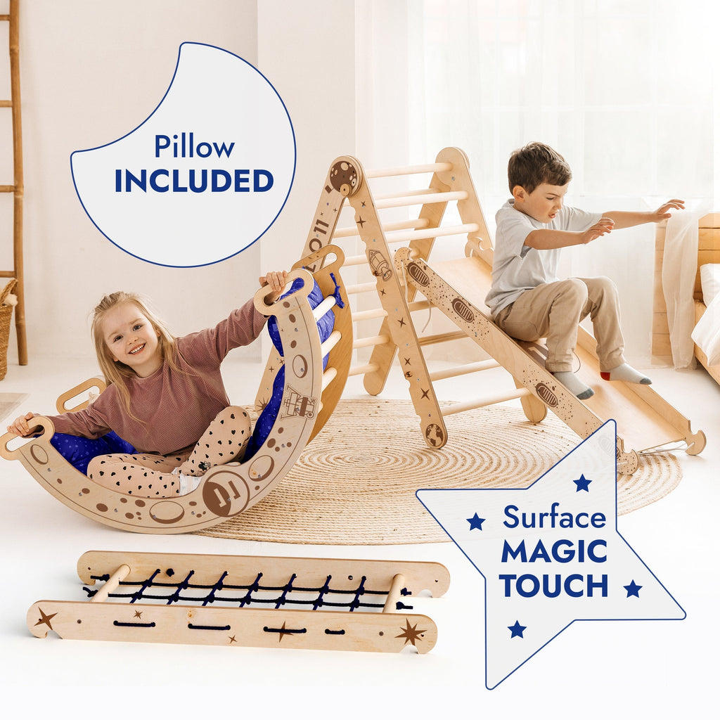 Apollo 5in1 Climbing Set:  Pikler Triangle, Net, Arch, Slide Board, and Cushion for Little Astronauts Goodevas B2B