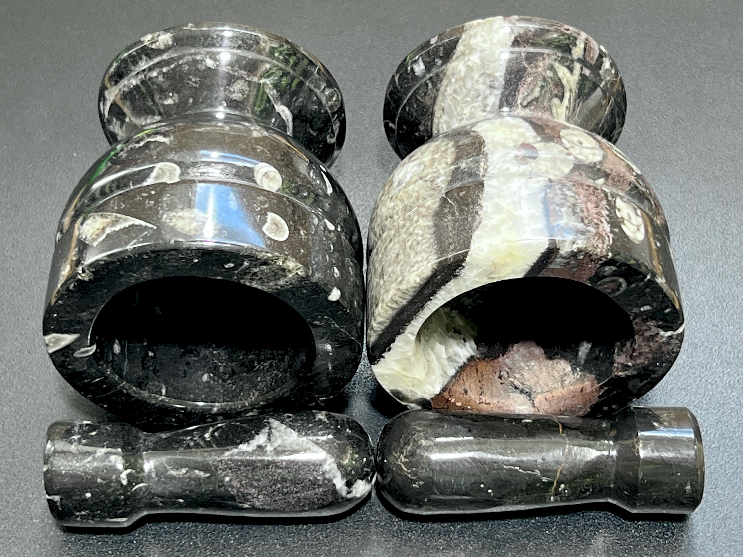 Orthoceras Mortar and Pestle Set (Mortar + Pestle) Polished Black Fossil Stone Carving Grinder Mixer Amazing Crystals