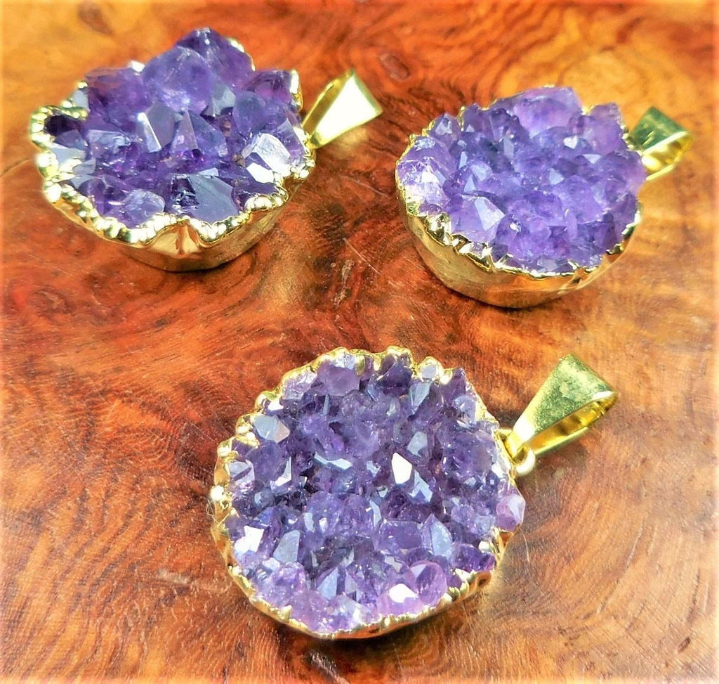Druzy Amethyst Necklace Pendant - Petite Gold Crystal Cluster Amazing Crystals