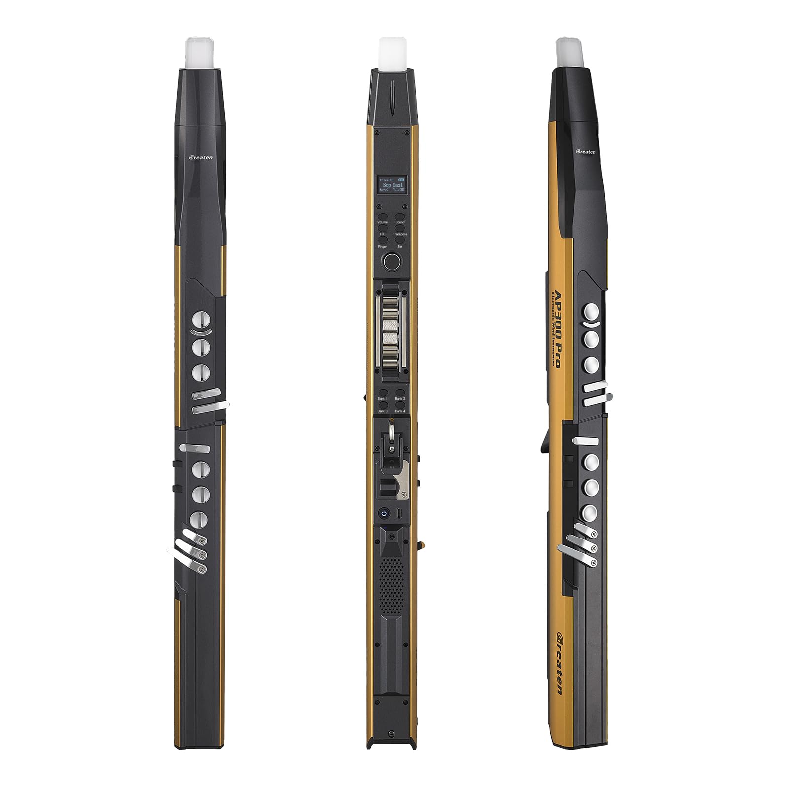 AP 300 Pro Electronic Wind Instrument with Bulit in OTG Recording and LCD Display Screen. 108 Global Tones Digital Saxophone with 6000Ah Battery and Bluetooth. (Golden) MindFreakArtistry