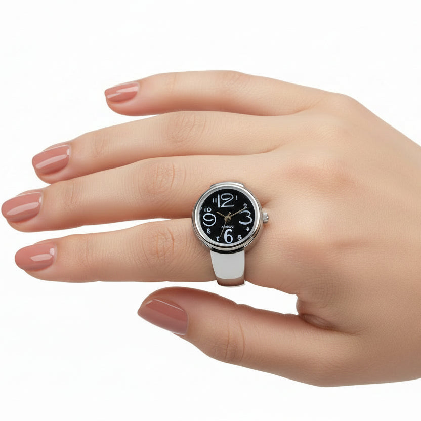 Silver Tone Stretch Ring Watch Black Round Dial Fashion Hut Jewelry