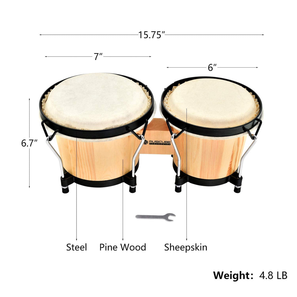 MUSICUBE Bongo Drum Set, 6” and 7” Percussion Instrument, Wooden and Metal Drum for Adult Kids Beginners Professionals with Tuning Wrench MindFreakArtistry