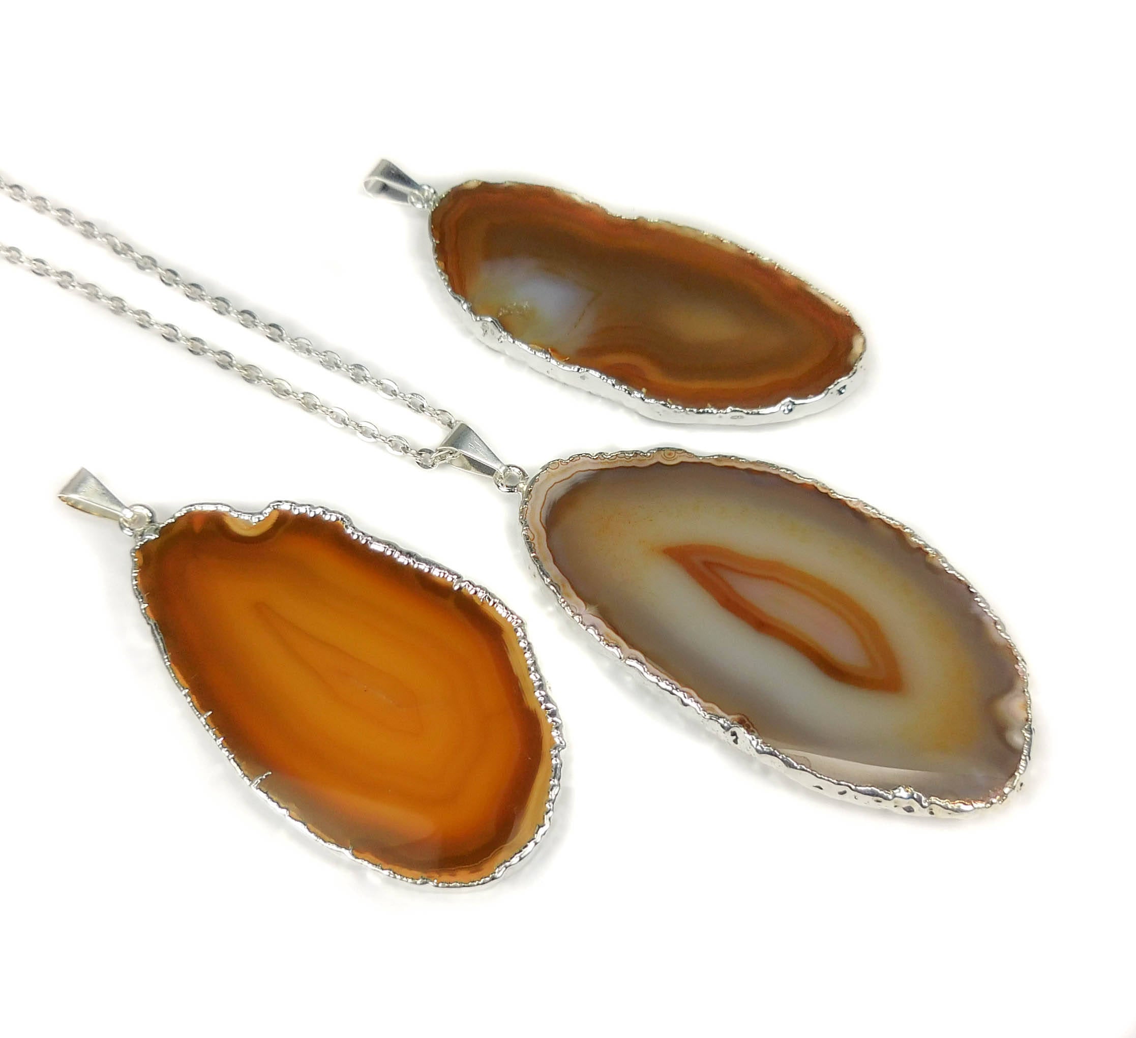 Brown Agate Slice Pendant (Silver Plated Edges) Polished Geode Jewelry Amazing Crystals