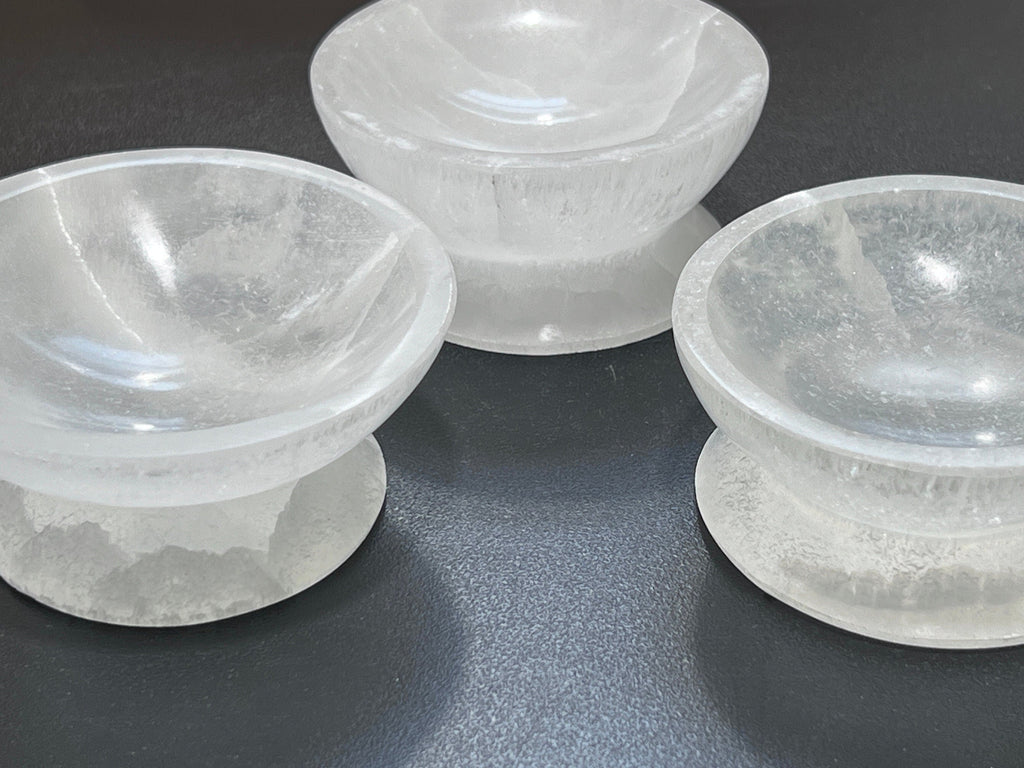 Selenite Crystal Bowl with Pedestal Carved Gemstone Polished Footed Stone Dish Amazing Crystals
