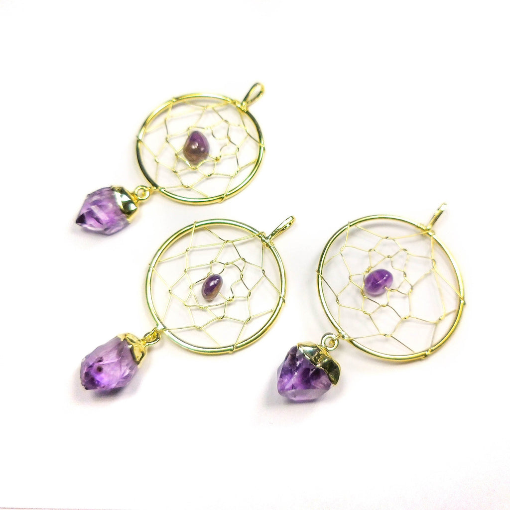 Dreamcatcher Pendant (Amethyst Crystal)(Gold Plated) Gemstone Jewelry Necklace Supply Amazing Crystals