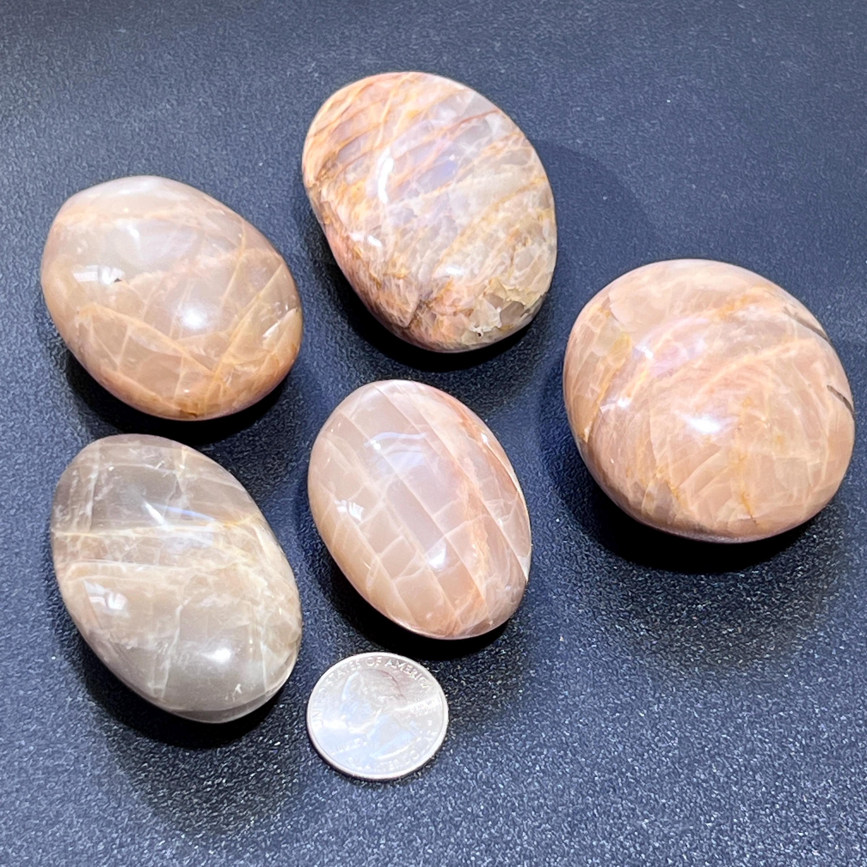 Peach Moonstone Flashy Palm Stone Carving Amazing Crystals
