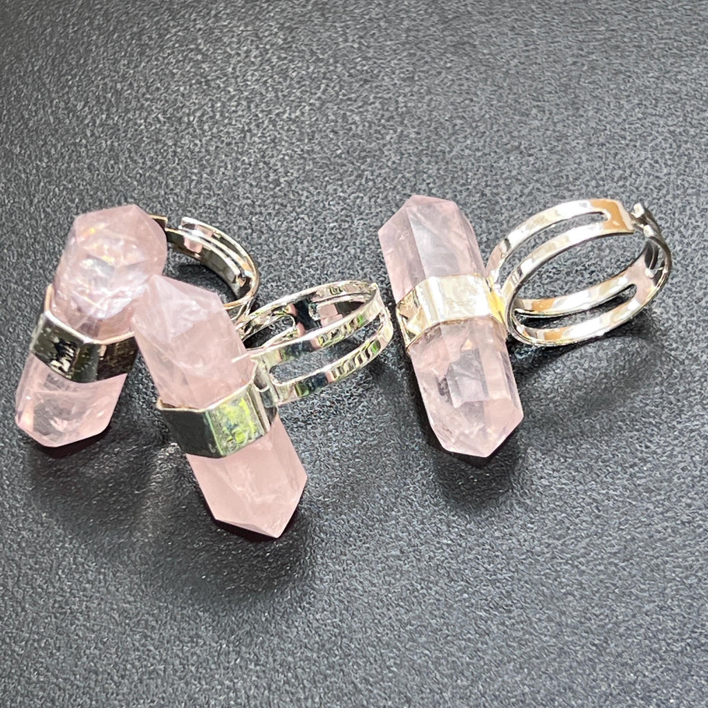 Pink Rose Quartz Crystal Point Adjustable Ring (Silver Plated) Costume Jewelry Supply Amazing Crystals