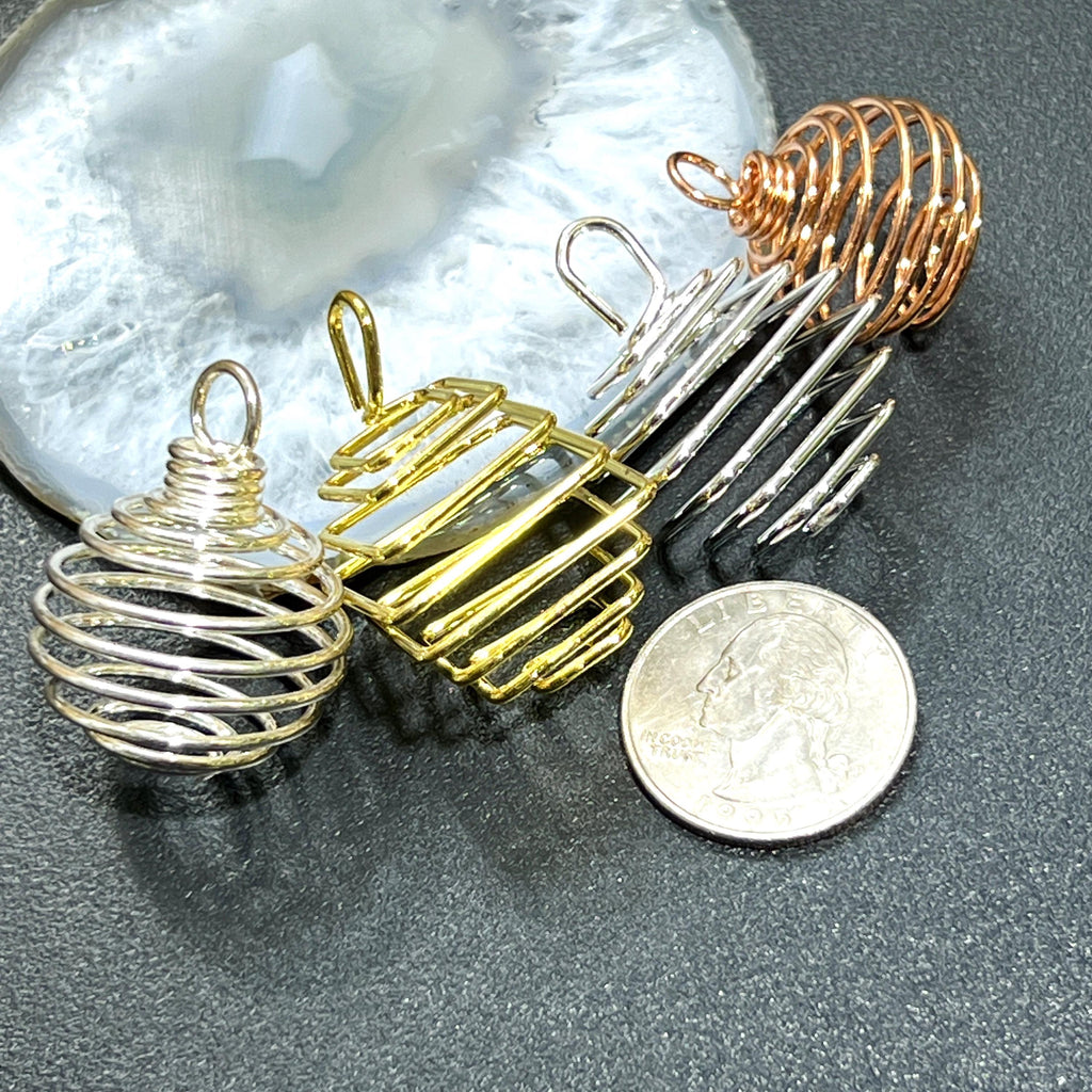 Crystal Gem Holder Spiral Cage Pendants (Silver, Gold, or Copper Plated) Circle Square Wholesale Amazing Crystals