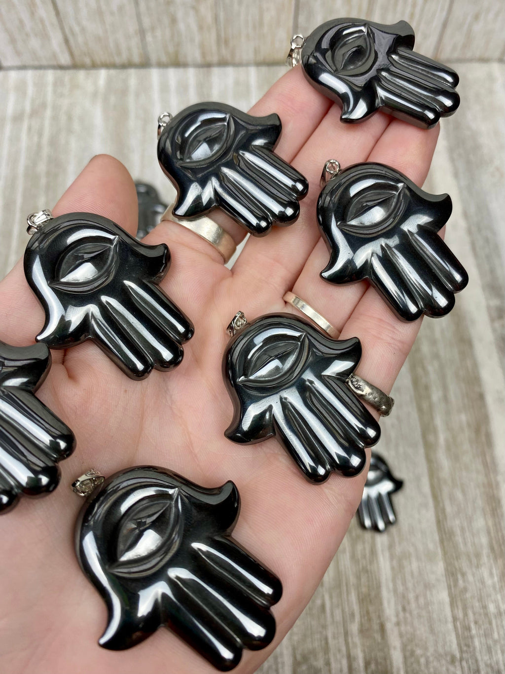 Hematite Hamsa Pendant Curious Muse Crystals