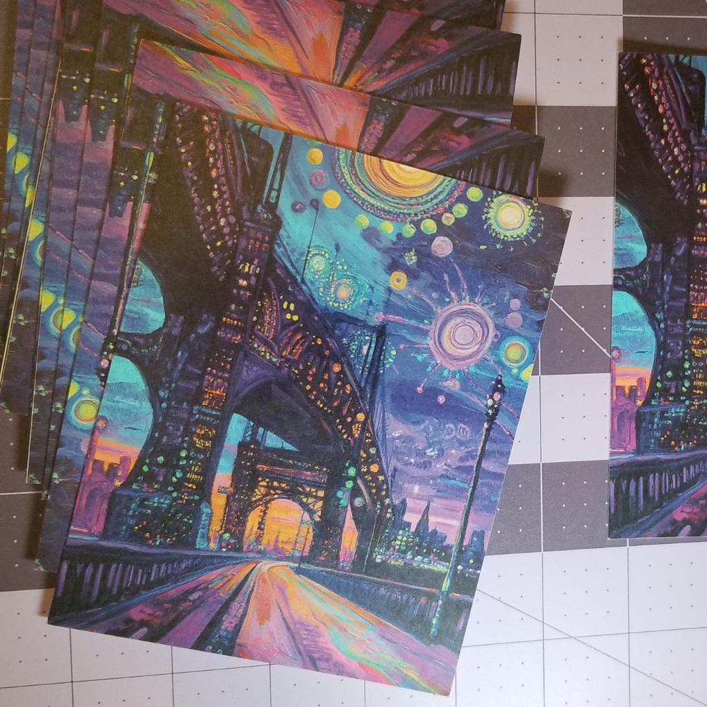 "Bright Lights" – Dreamy City Bridge Postcard - Surreal Nightscape Art Print Black Magic Social Club